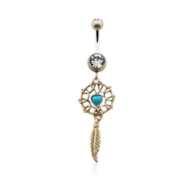 Brass/Clear/Turquoise Antique Turquoise Heart Dreamcatcher Dangle Belly Ring 14G (1.6mm) Length: 3/8″ (10mm)