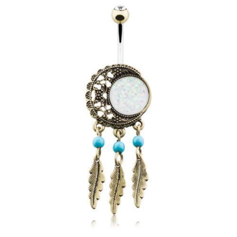 Brass/Clear/White Vintage Boho Filigree Moon Dreamcatcher Opal Dangle Belly Ring 14G (1.6mm) Length: 3/8″ (10mm)