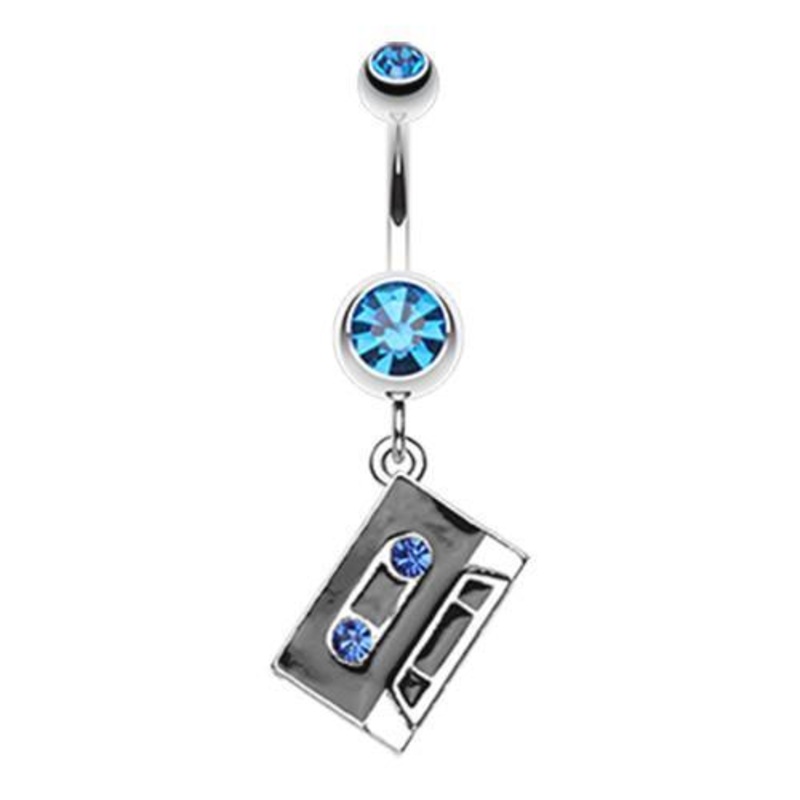Capri Blue Cassette Tape Sparkle Dangle Belly Ring 14G (1.6mm) Length: 3/8″ (10mm)
