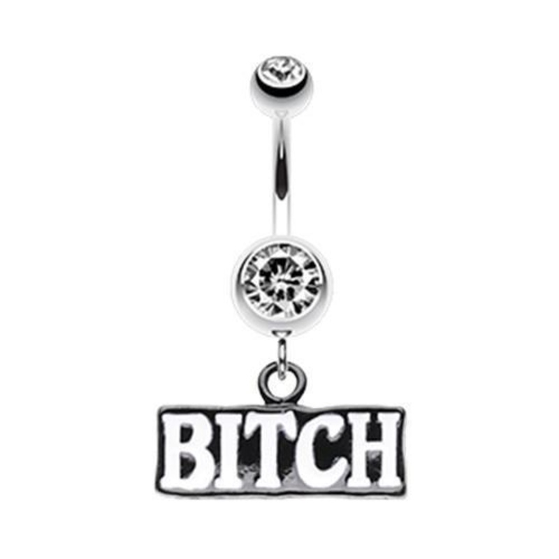 Clear ‘BITCH’ Engraved Dangle Belly Ring 14G (1.6mm) Length: 3/8″ (10mm)