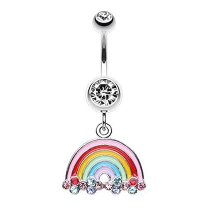 Clear Candy Rainbow Sparkle Dangle Belly Ring 14G (1.6mm) Length: 3/8″ (10mm)