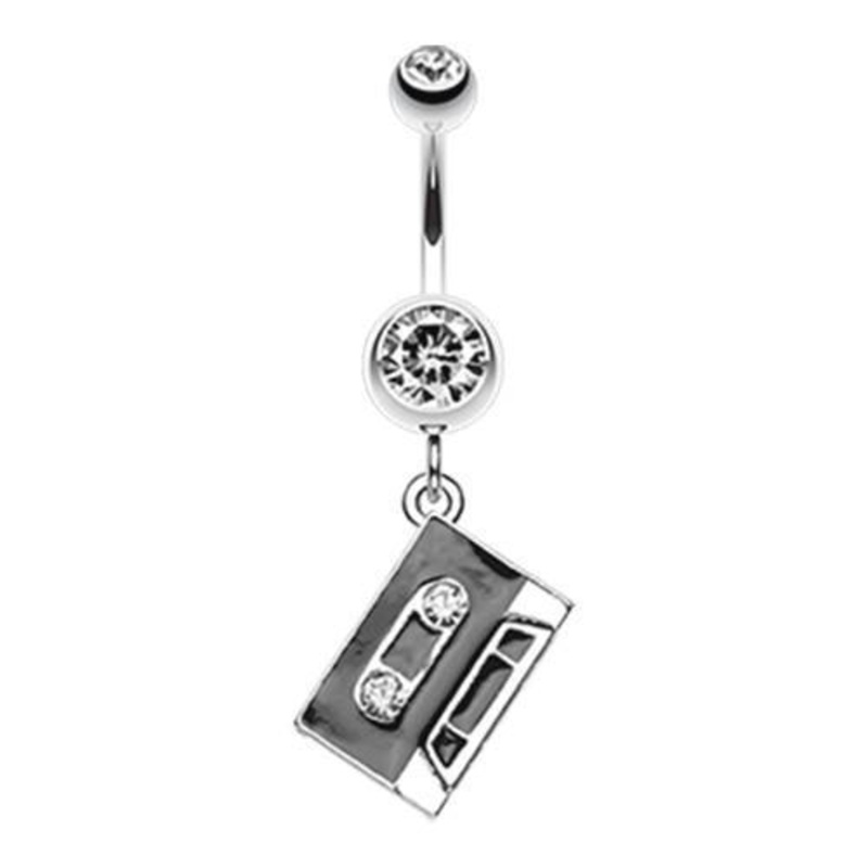 Clear Cassette Tape Sparkle Dangle Belly Ring 14G (1.6mm) Length: 3/8″ (10mm)