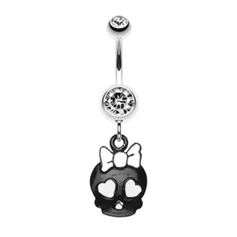 Clear Charming Skull Charm Dangle Belly Ring 14G (1.6mm) Length: 3/8″ (10mm)