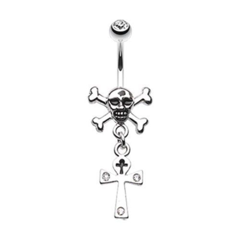 Clear Cross Bones and Ankh Dangle Belly Ring 14G (1.6mm) Length: 3/8″ (10mm)