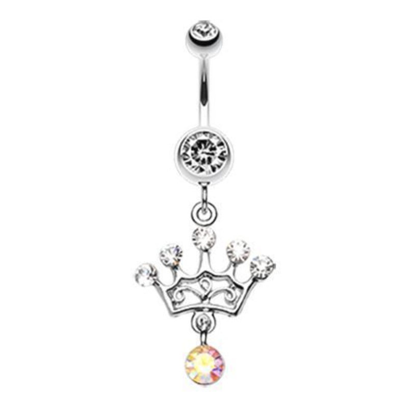 Clear Crown Gem Sparkle Dangle Belly Ring 14G (1.6mm) Length: 3/8″ (10mm)