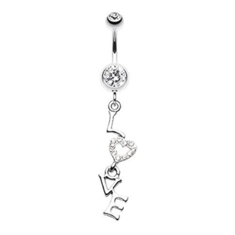 Clear Dazzling Love Dangle Belly Ring 14G (1.6mm) Length: 3/8″ (10mm)