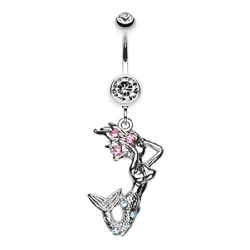 Clear Dazzling Mermaid Dangle Belly Ring 14G (1.6mm) Length: 3/8″ (10mm)