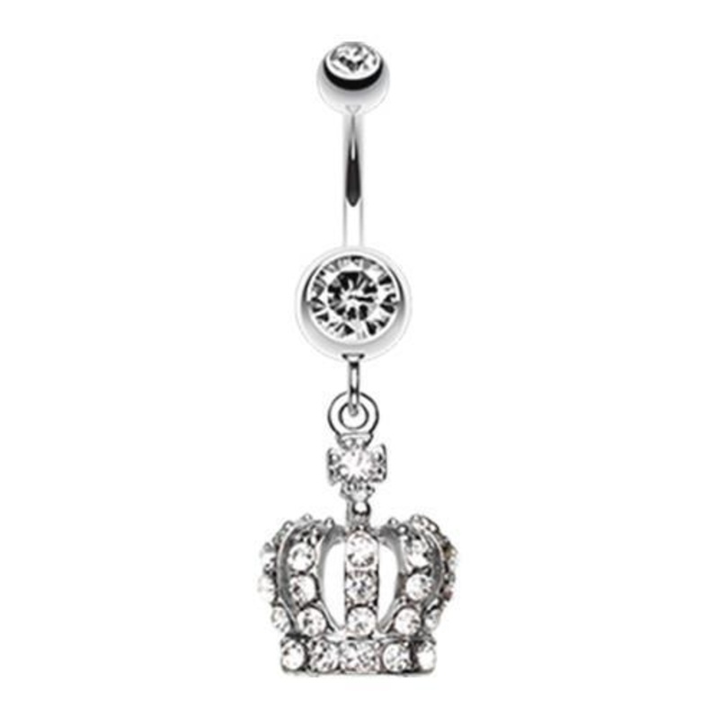 Clear Dazzling Royal Crown Dangle Belly Ring 14G (1.6mm) Length: 3/8″ (10mm)