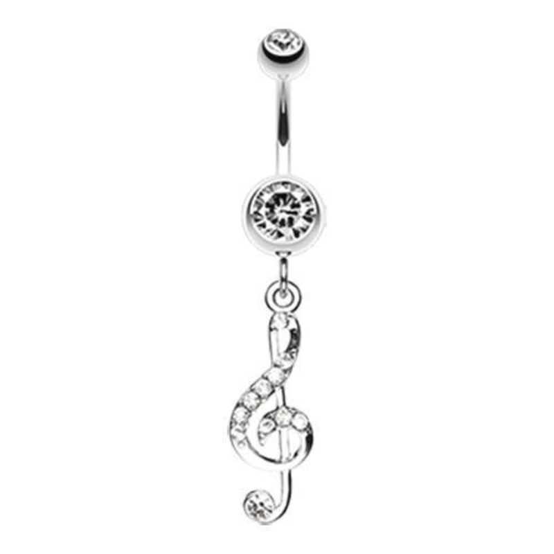 Clear G Clef Music Note Sparkle Dangle Belly Ring 14G (1.6mm) Length: 3/8″ (10mm)