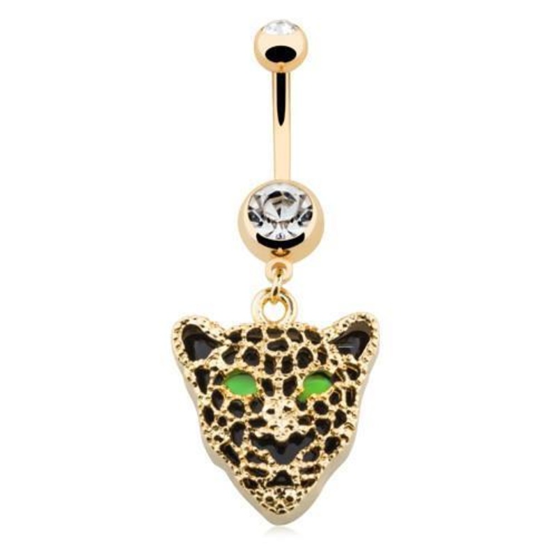 Clear Golden Black Onyx Panther Dangle Belly Ring 14G (1.6mm) Length: 3/8″ (10mm)