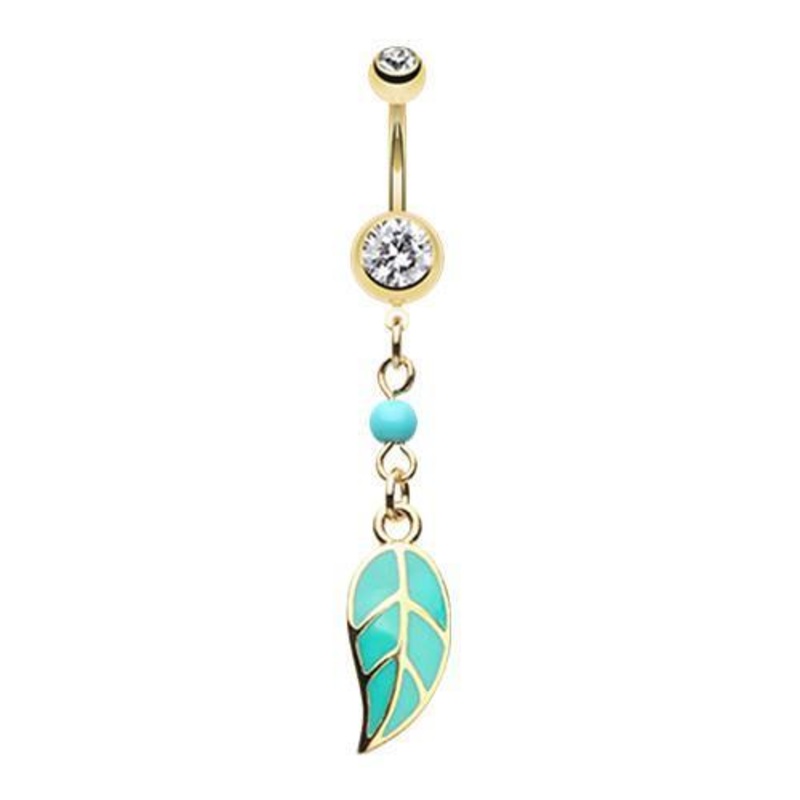 Clear Golden Leaf Your Worries Behind Dangle Belly Ring 14G (1.6mm) Length: 3/8″ (10mm)