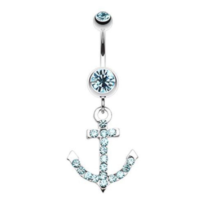 Aqua Anchor Gem Sparkle Dangle Belly Ring 14G (1.6mm) Length: 3/8″ (10mm)