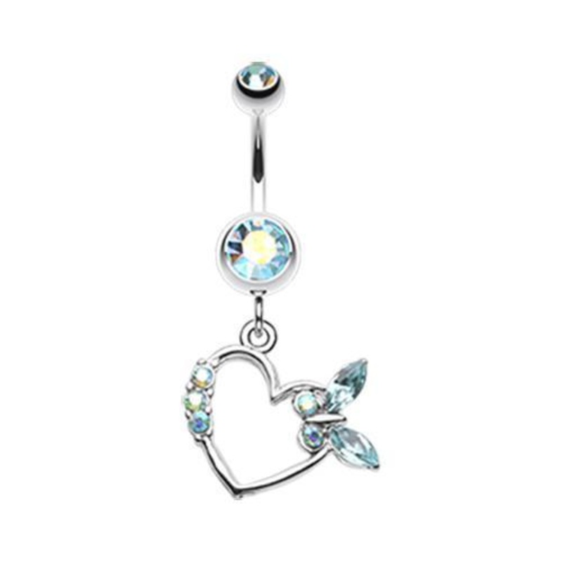 Aqua/Aurora Borealis Butterfly Romance Dangle Belly Ring 14G (1.6mm) Length: 3/8″ (10mm)