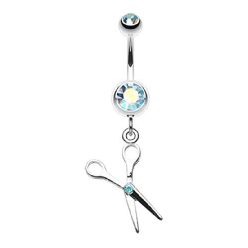 Aqua/Aurora Borealis Scissor Sparkle Dangle Belly Ring 14G (1.6mm) Length: 3/8″ (10mm)