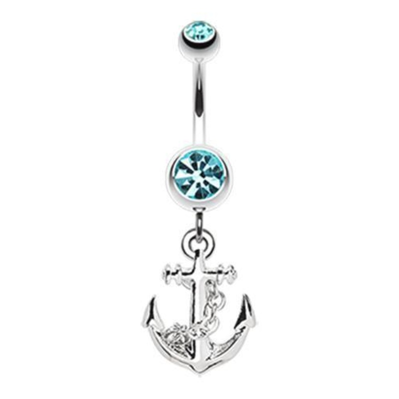 Aqua Classic Anchor Dangle Belly Ring 14G (1.6mm) Length: 3/8″ (10mm)