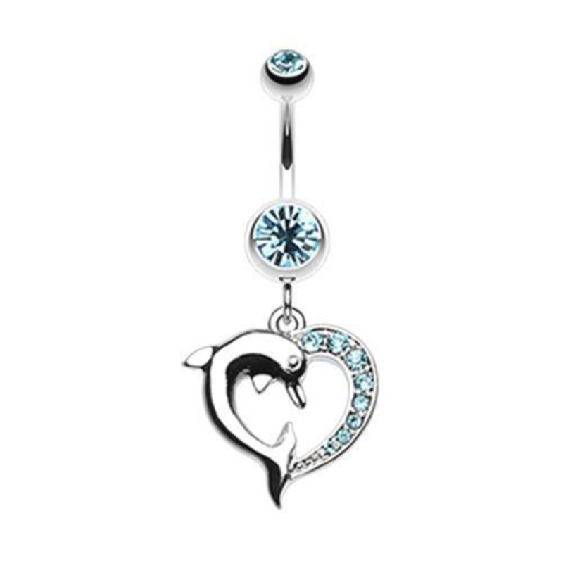Aqua Enchanting Heart Dolphin Dangle Belly Ring 14G (1.6mm) Length: 3/8″ (10mm)