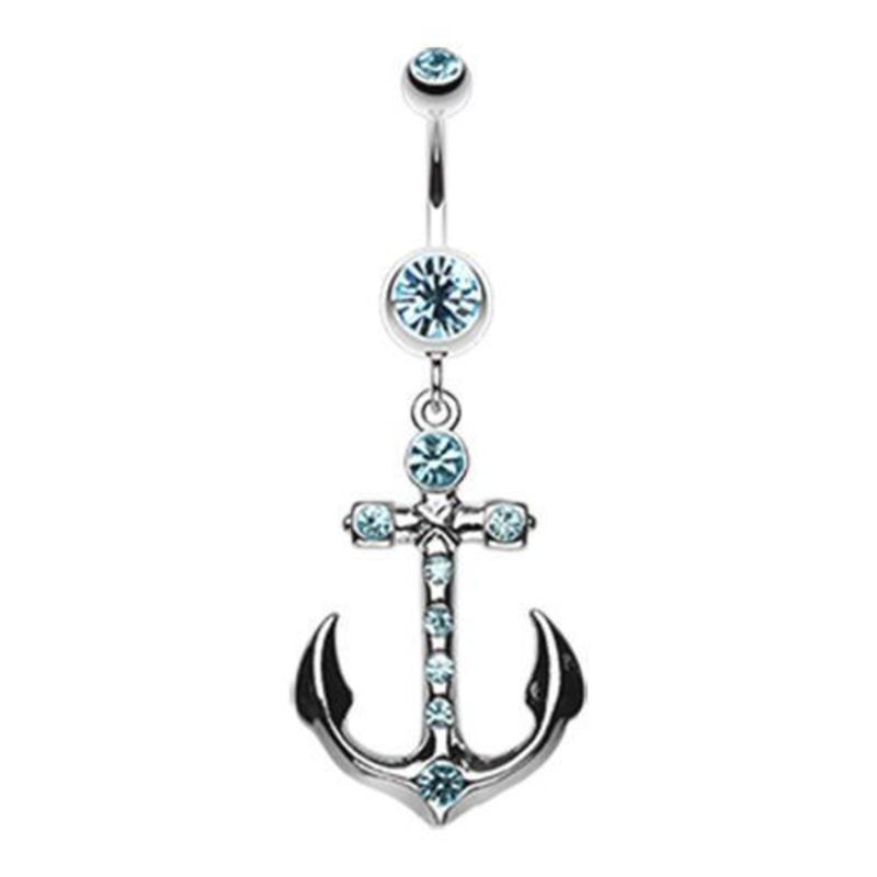 Aqua Jeweled Anchor Dangle Belly Ring 14G (1.6mm) Length: 3/8″ (10mm)
