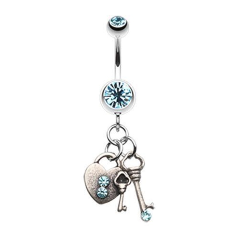 Aqua Love Lock Down Dangle Belly Ring 14G (1.6mm) Length: 3/8″ (10mm)