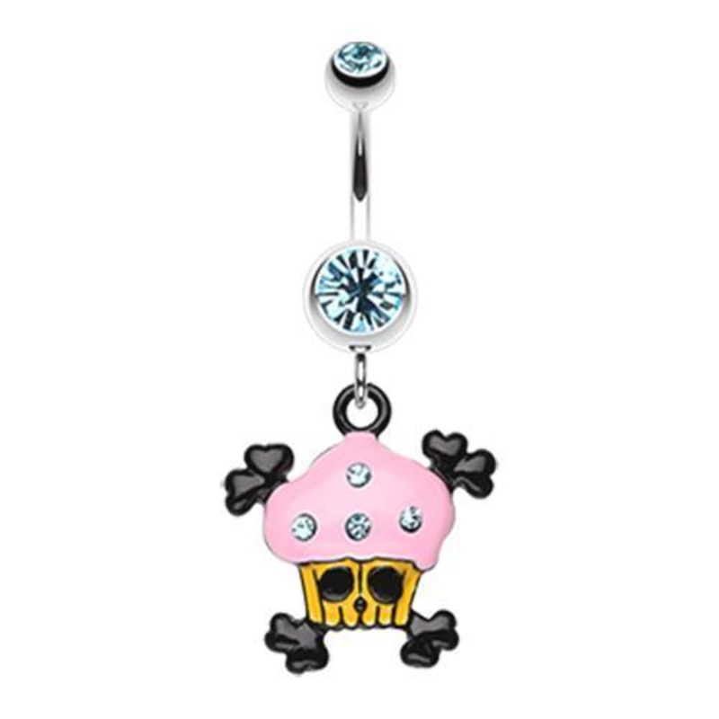 Aqua Pirate Crossbones Cupcake Dangle Belly Ring 14G (1.6mm) Length: 3/8″ (10mm)