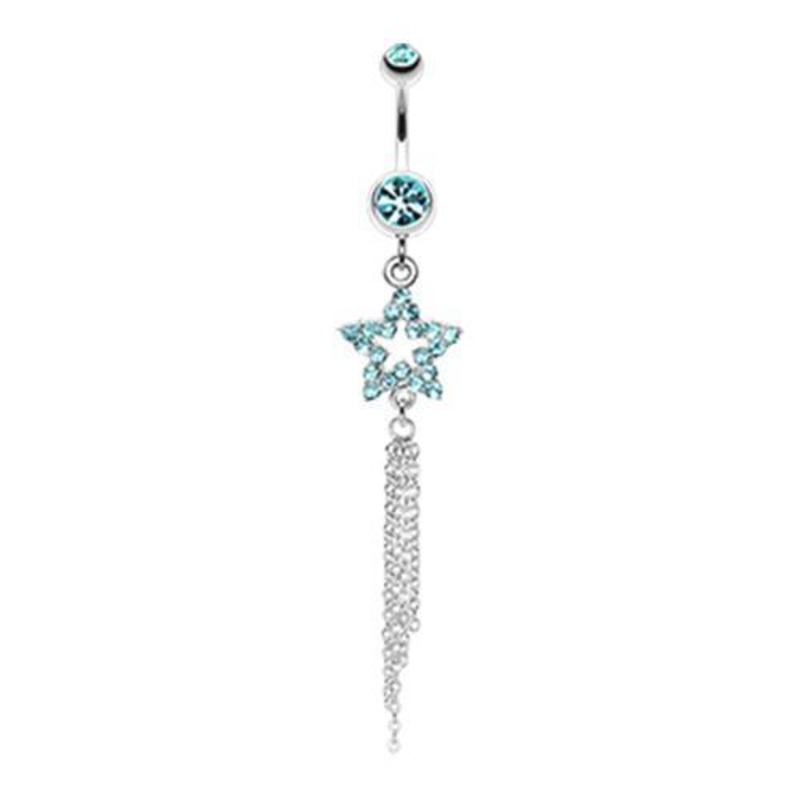 Aqua Star Sparkle Chain Drop Dangle Belly Ring 14G (1.6mm) Length: 3/8″ (10mm)