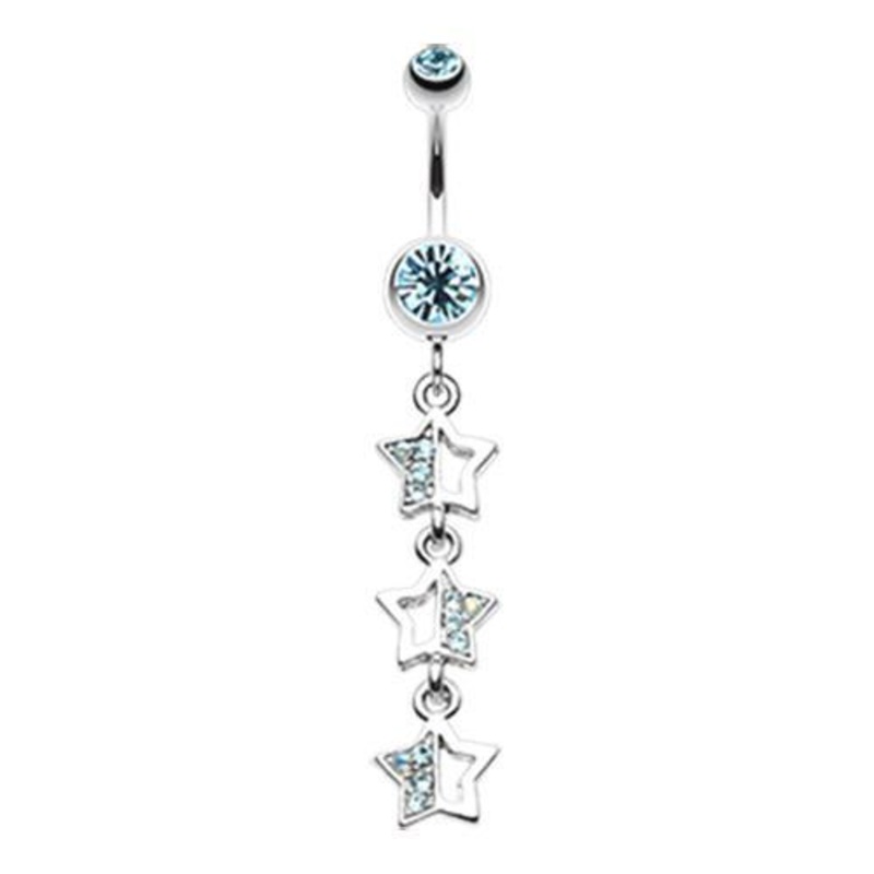 Aqua Triple Sparkling Star Dangle Belly Ring 14G (1.6mm) Length: 3/8″ (10mm)