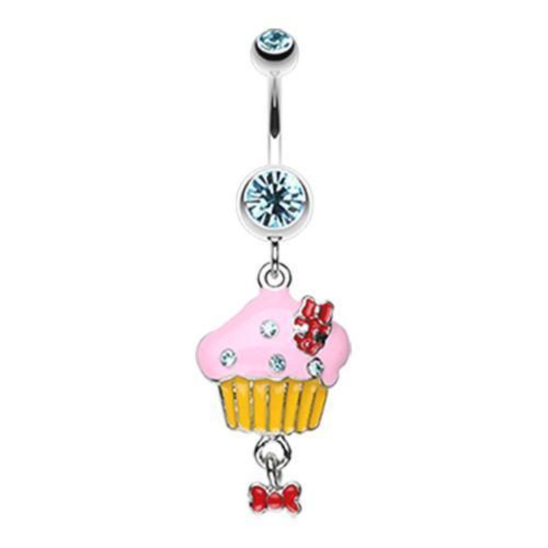 Aqua Yummy Cupcake Bow Dangle Belly Ring 14G (1.6mm) Length: 3/8″ (10mm)