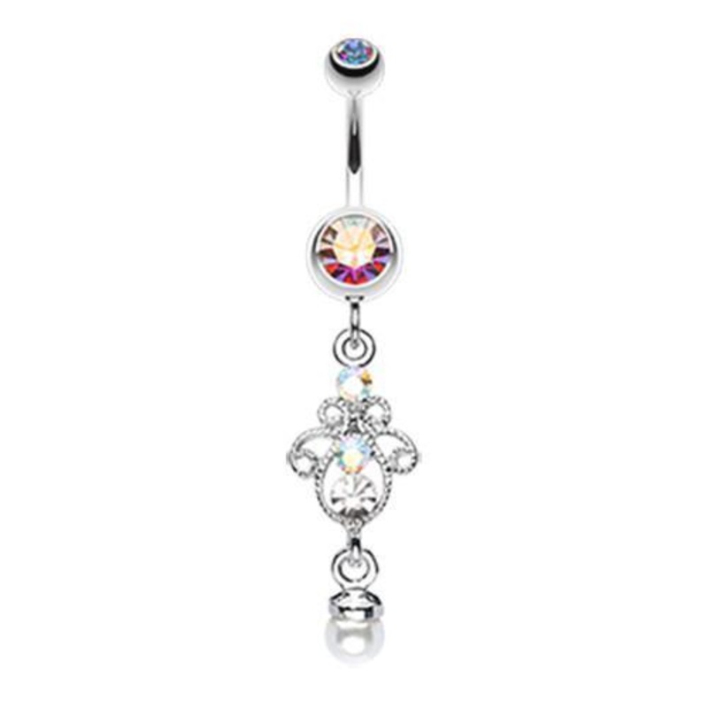 Aurora Borealis Elegant Jeweled Pearl Dangle Belly Ring 14G (1.6mm) Length: 3/8″ (10mm)