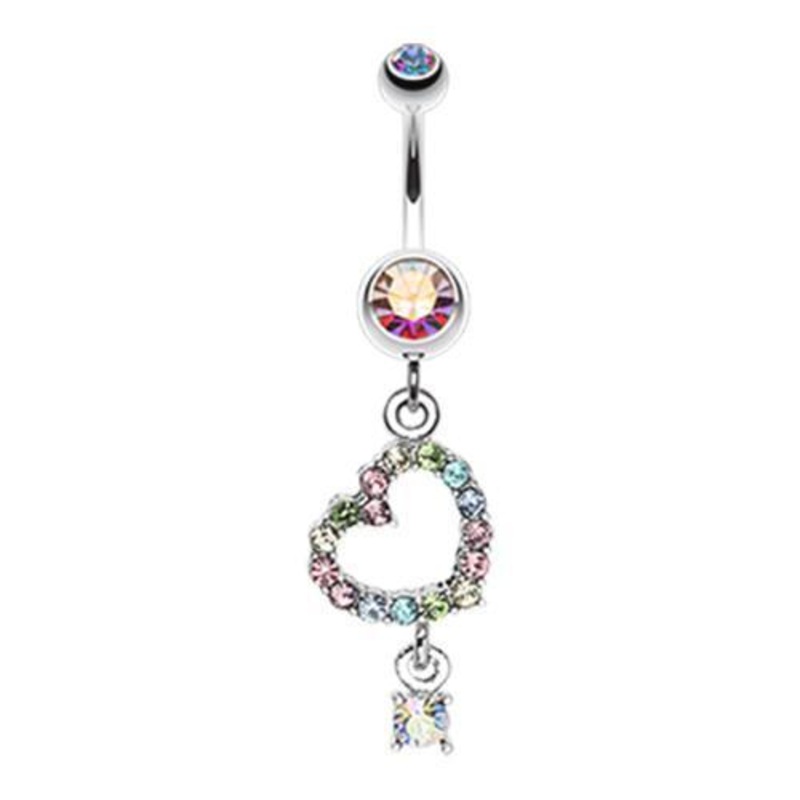 Aurora Borealis/Rainbow Shimmering Heart Gem Dangle Belly Ring 14G (1.6mm) Length: 3/8″ (10mm)