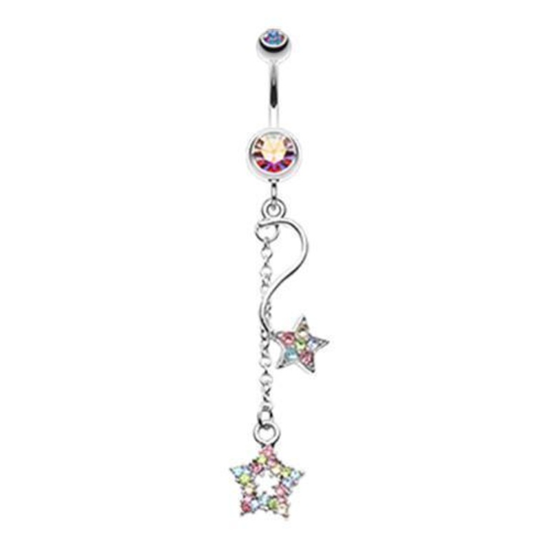 Aurora Borealis/Rainbow Shooting Vibrant Stars Dangle Belly Ring 14G (1.6mm) Length: 3/8″ (10mm)