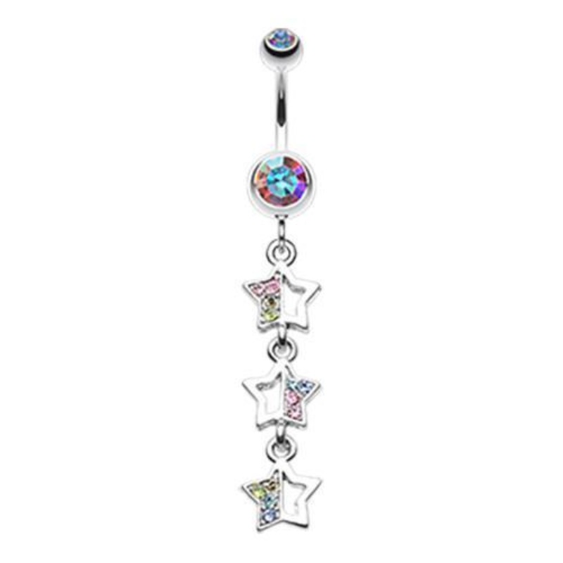 Aurora Borealis/Rainbow Triple Sparkling Star Dangle Belly Ring 14G (1.6mm) Length: 3/8″ (10mm)