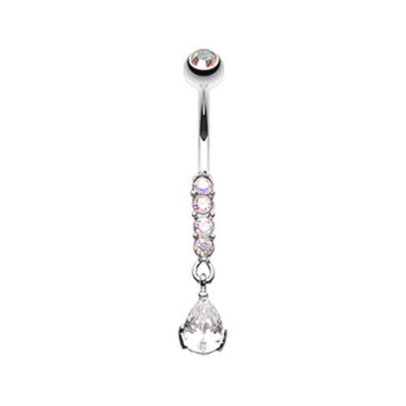Aurora Borealis Sparkly Gem Droplet Dangle Belly Ring 14G (1.6mm) Length: 3/8″ (10mm)