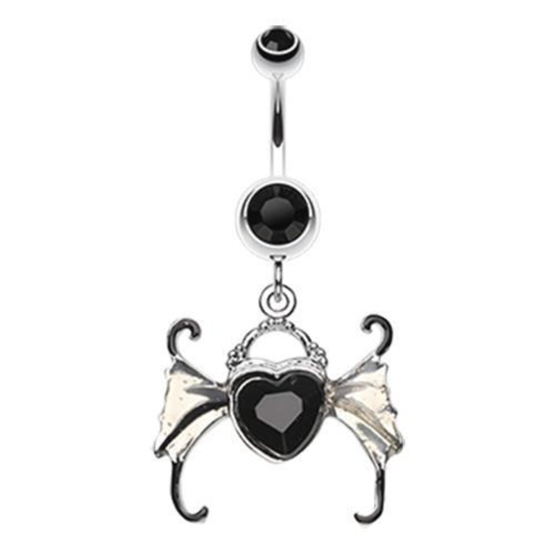 Black Angel Heart Wing Sparkle Dangle Belly Ring 14G (1.6mm) Length: 3/8″ (10mm)