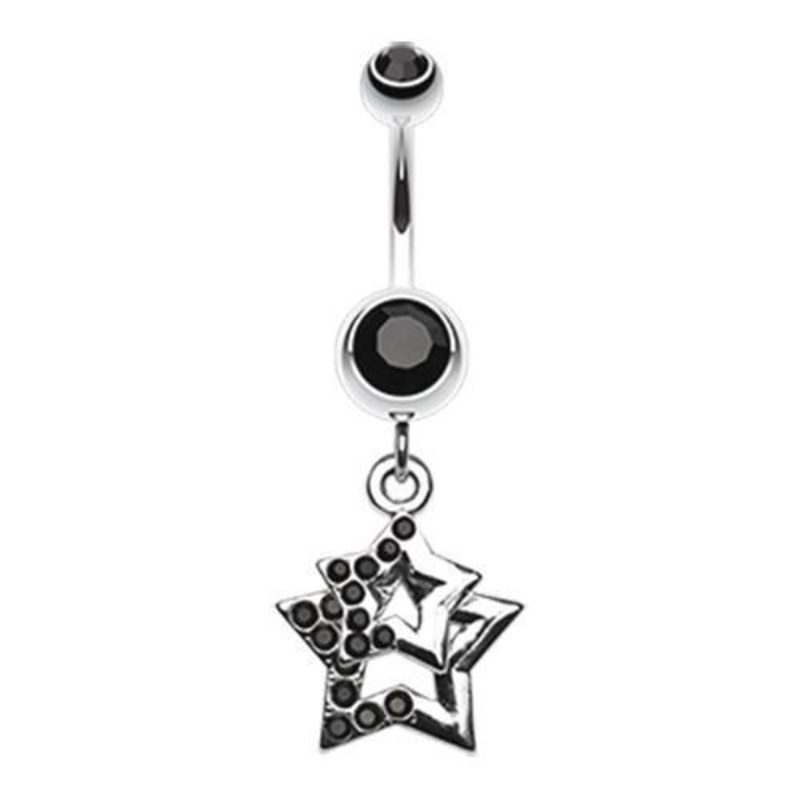 Black Double Hollow Star Gem Dangle Belly Ring 14G (1.6mm) Length: 3/8″ (10mm)