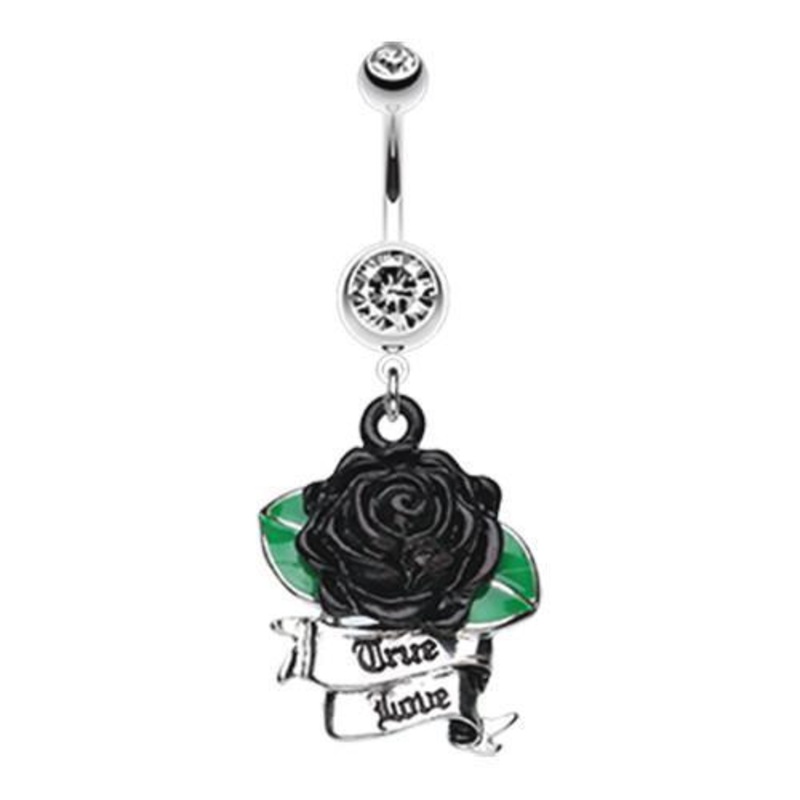 Black Full Bloom Rose Mini Banner Dangle Belly Ring 14G (1.6mm) Length: 3/8″ (10mm)