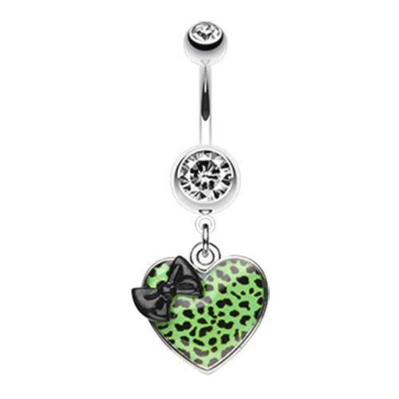 Black/Green Leopard Pattern Heart Bow Dangle Belly Ring 14G (1.6mm) Length: 3/8″ (10mm)