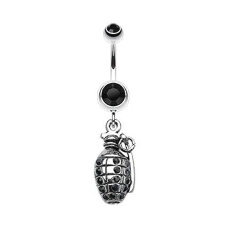Black Hand Grenade Sparkle Dangle Belly Ring 14G (1.6mm) Length: 3/8″ (10mm)