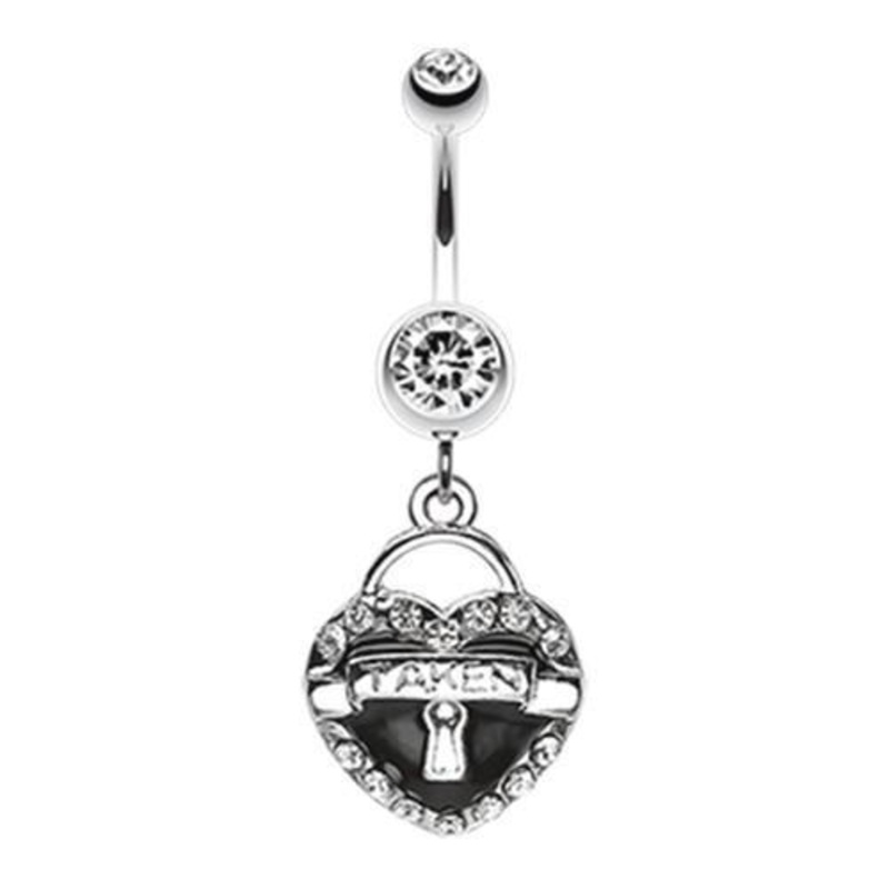 Black Jeweled Heart Lock Charm Dangle Belly Ring 14G (1.6mm) Length: 3/8″ (10mm)