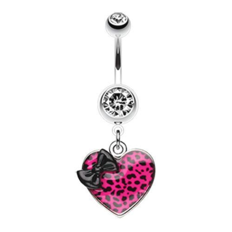 Black/Pink Leopard Pattern Heart Bow Dangle Belly Ring 14G (1.6mm) Length: 3/8″ (10mm)