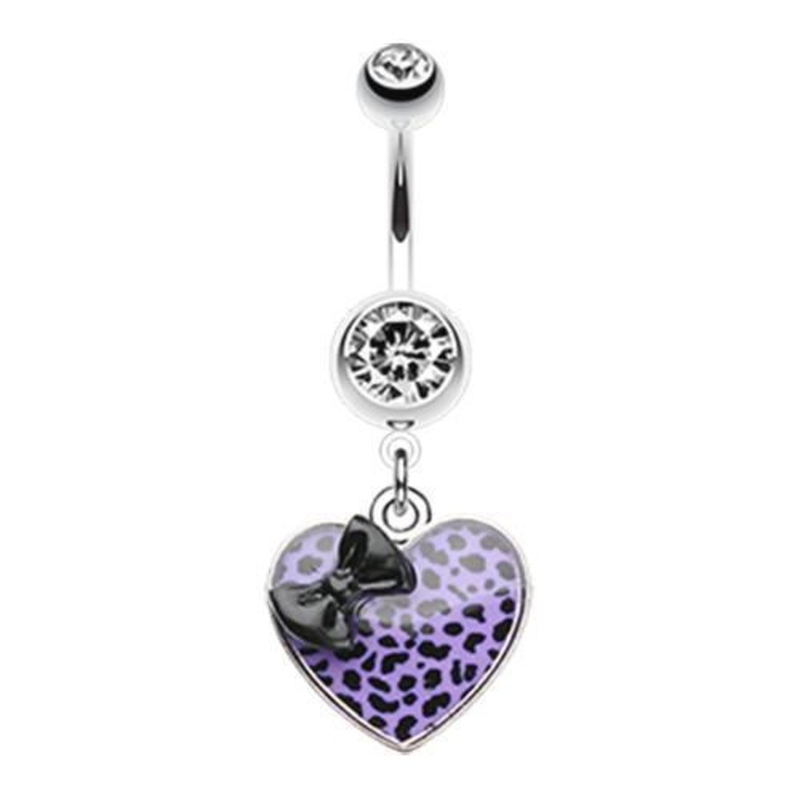 Black/Purple Leopard Pattern Heart Bow Dangle Belly Ring 14G (1.6mm) Length: 3/8″ (10mm)