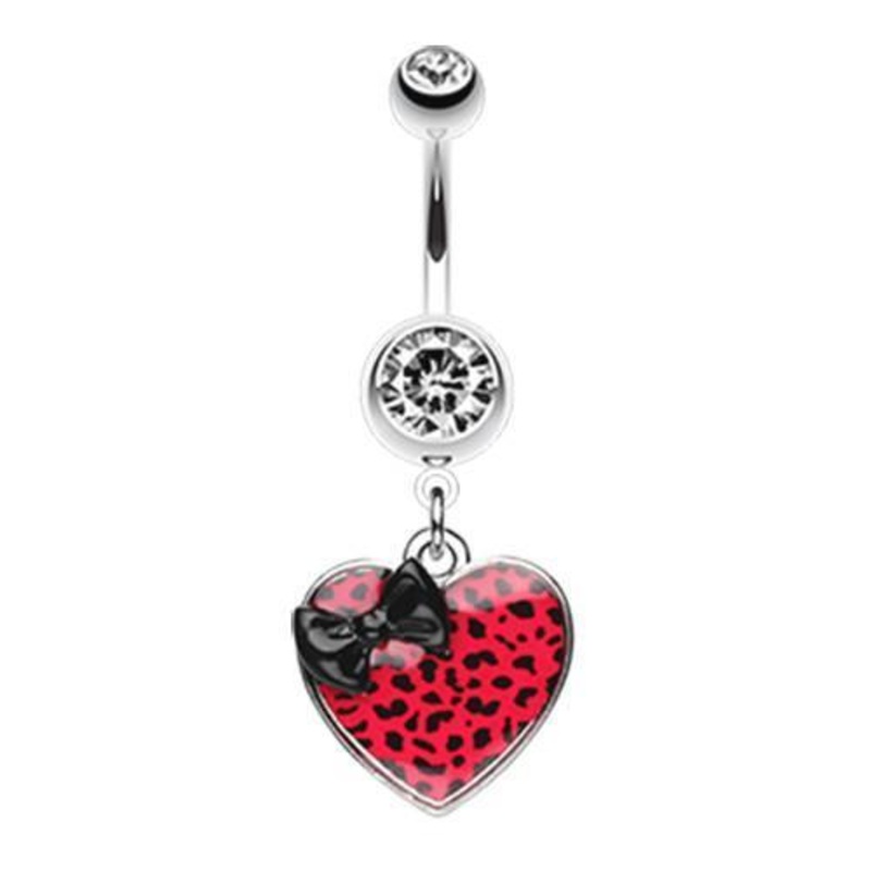 Black/Red Leopard Pattern Heart Bow Dangle Belly Ring 14G (1.6mm) Length: 3/8″ (10mm)