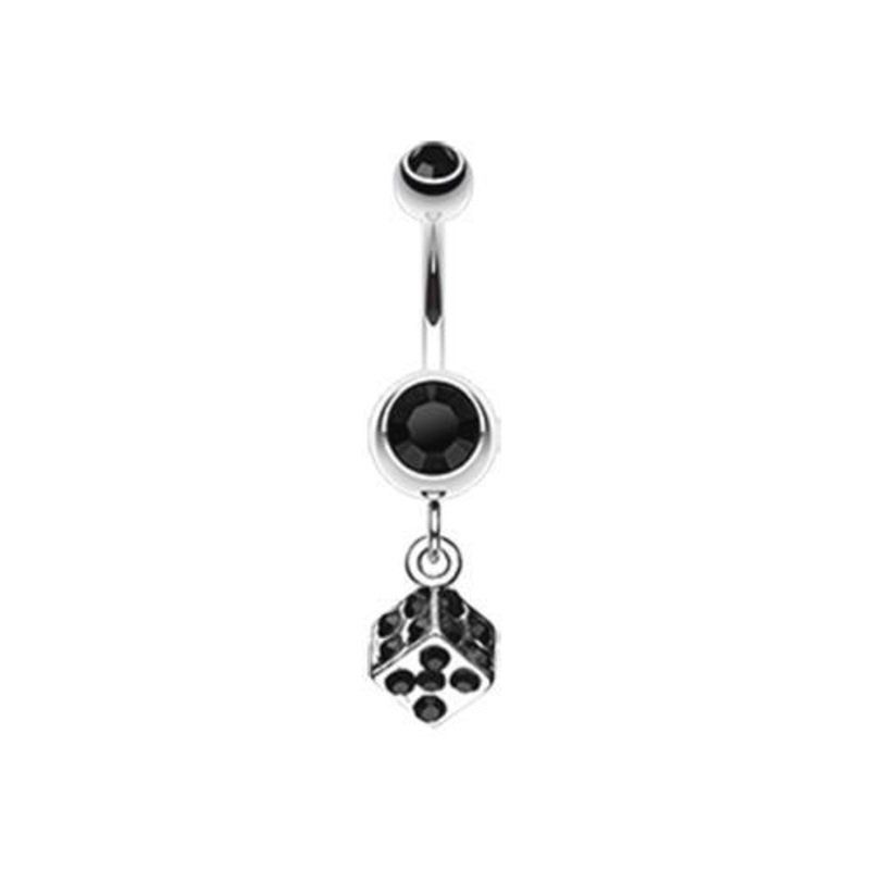 Black Single Dice Sparkle Dangle Belly Ring 14G (1.6mm) Length: 3/8″ (10mm)