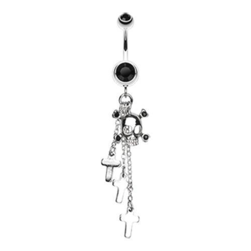 Black Skull Crossbones and Cross Dangle Belly Ring 14G (1.6mm) Length: 3/8″ (10mm)