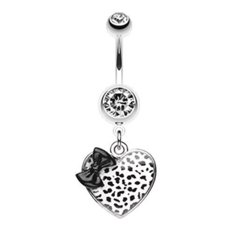 Black/White Leopard Pattern Heart Bow Dangle Belly Ring 14G (1.6mm) Length: 3/8″ (10mm)