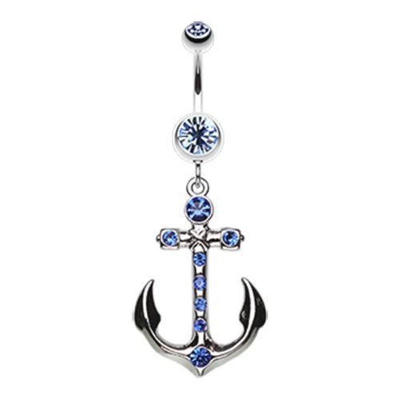 Blue Jeweled Anchor Dangle Belly Ring 14G (1.6mm) Length: 3/8″ (10mm)
