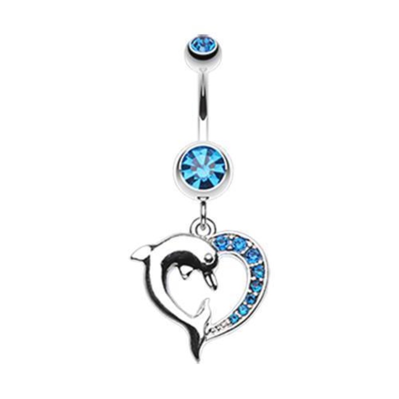 Capri Blue Enchanting Heart Dolphin Dangle Belly Ring 14G (1.6mm) Length: 3/8″ (10mm)