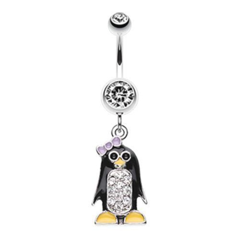 Clear Adorable Penguin Sparkle Dangle Belly Ring 14G (1.6mm) Length: 3/8″ (10mm)