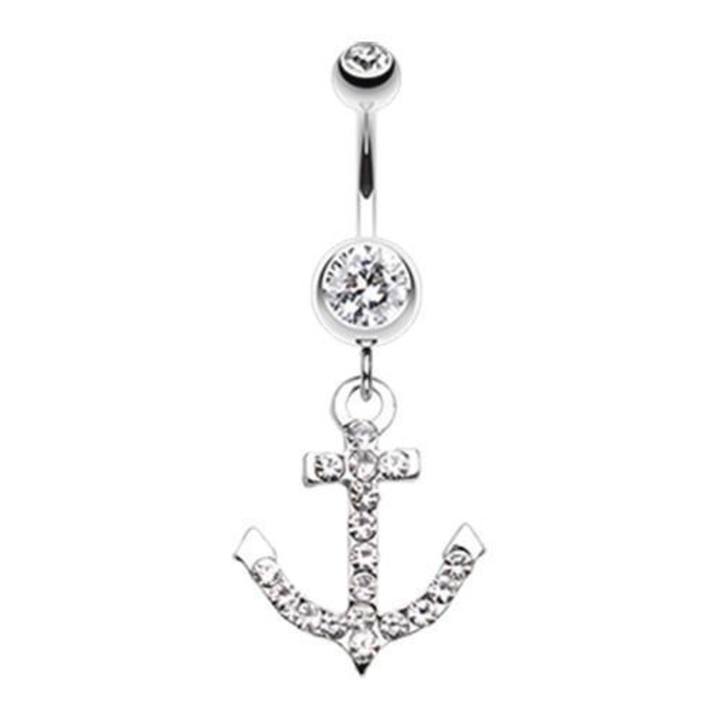 Clear Anchor Gem Sparkle Dangle Belly Ring 14G (1.6mm) Length: 3/8″ (10mm)