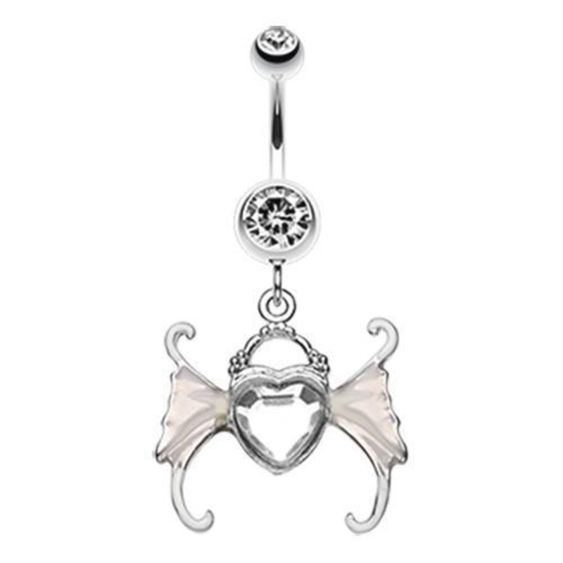 Clear Angel Heart Wing Sparkle Dangle Belly Ring 14G (1.6mm) Length: 3/8″ (10mm)