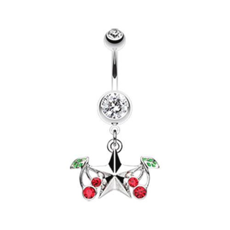 Clear Cherry Star Dangle Belly Ring 14G (1.6mm) Length: 3/8″ (10mm)