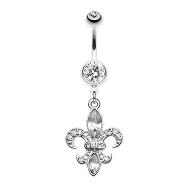 Clear Classic Fleur de Lis Dangle Belly Ring 14G (1.6mm) Length: 3/8″ (10mm)